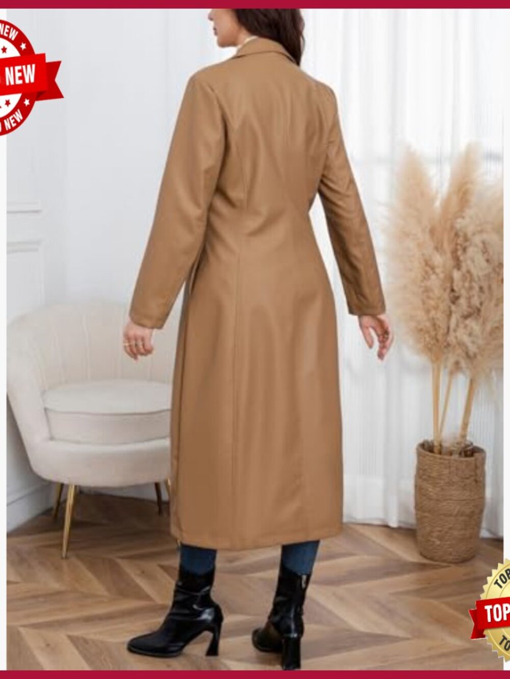 Faux Leather Trench Coat Maxi Length Lapel Button Down Overcoat - Picture 5 of 7